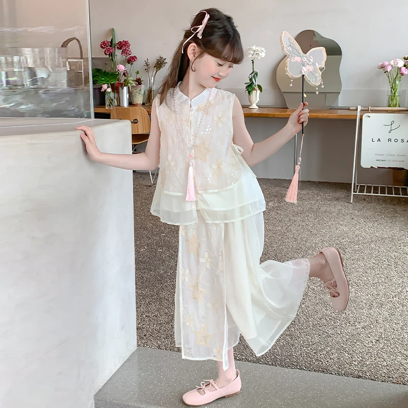 女童套装夏2025新款洋气大童女孩中式国风汉服裙裤夏季儿童两件套