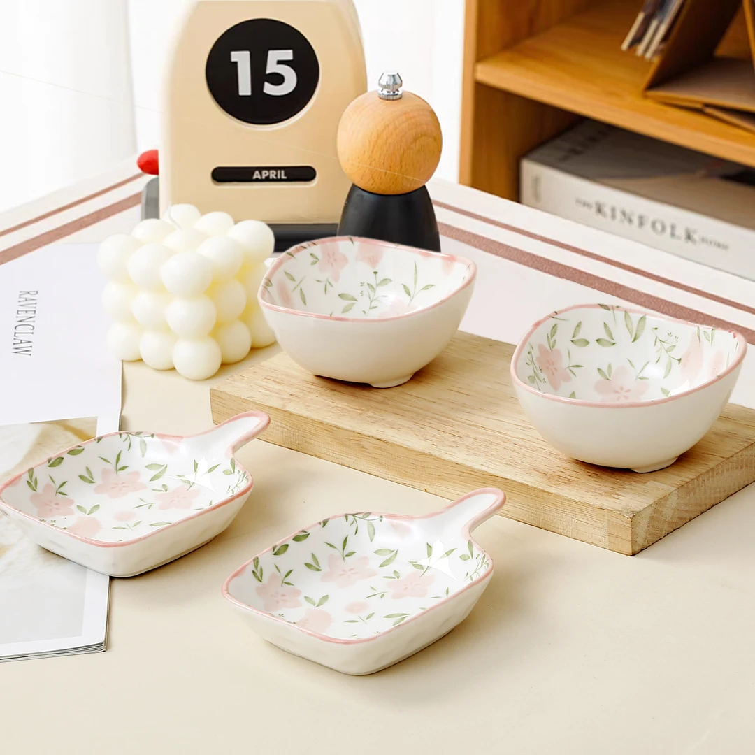 【4个装】十里桃花烤肉碗单柄碗釉下彩餐具可爱陶瓷手绘蘸料碟日式