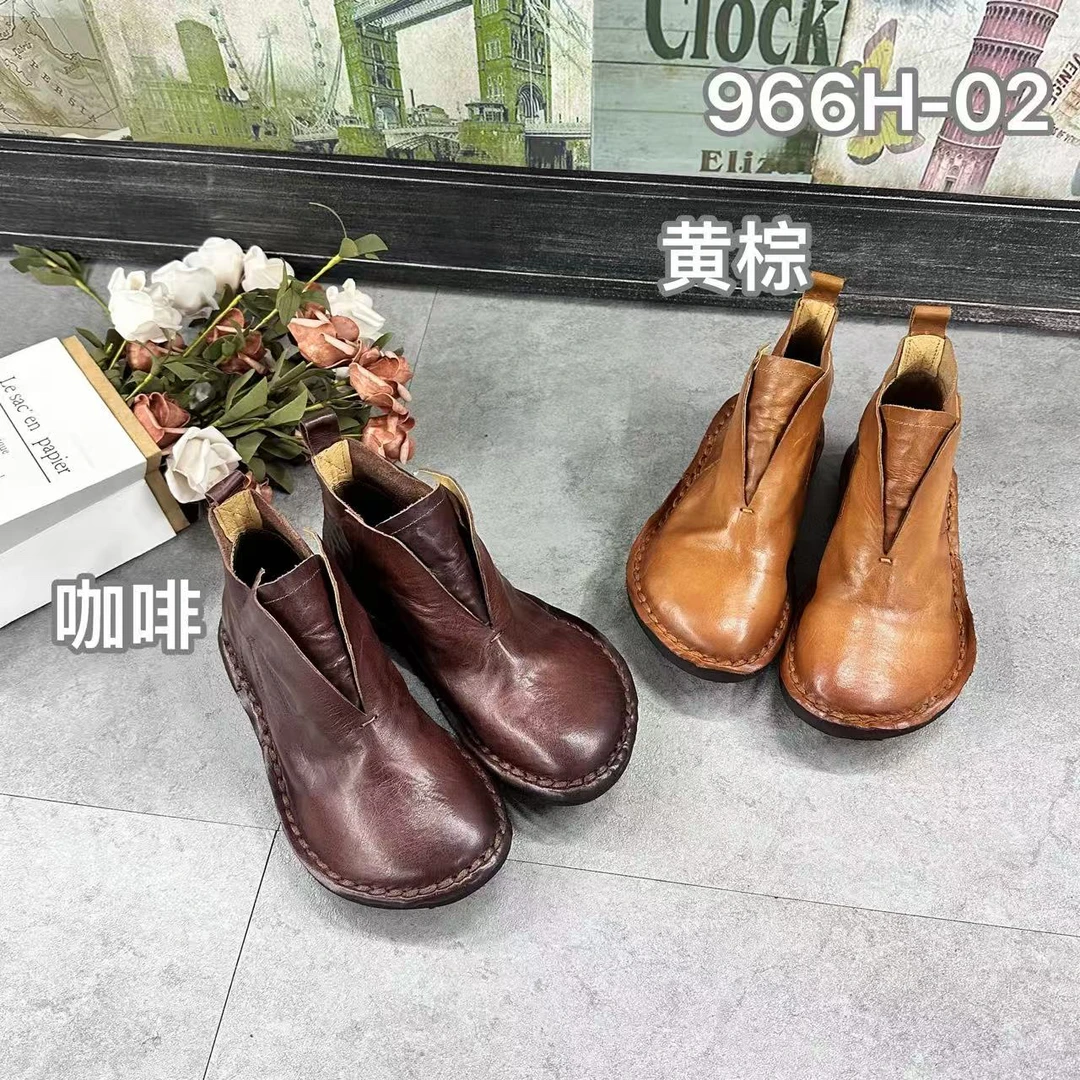 防滑圆头女民族春季套筒平跟短靴软底平底休闲