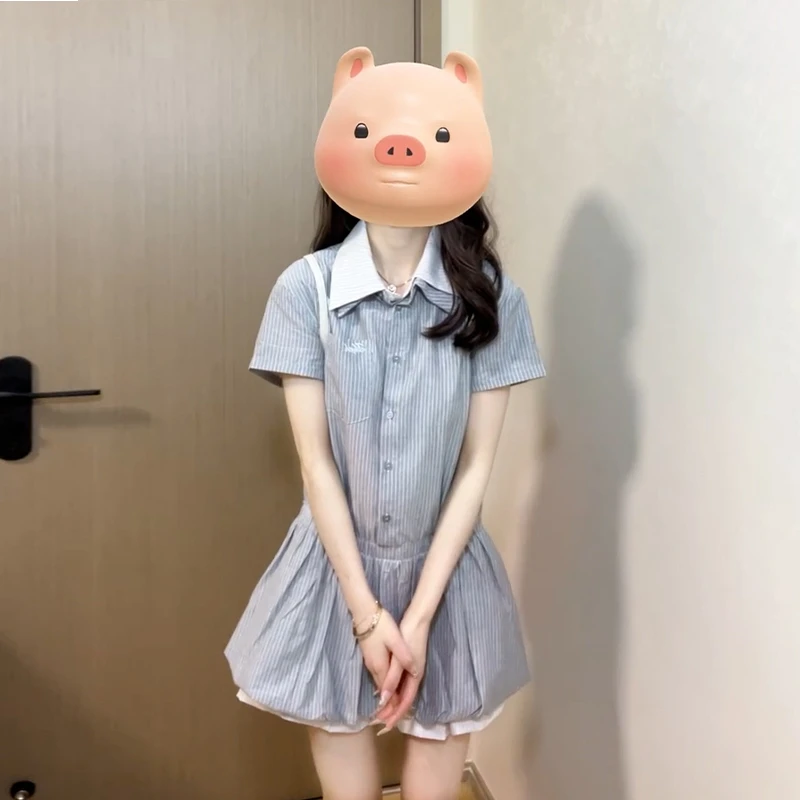 2025新款miu系假两件灰色polo连衣裙子女夏季小个子收腰花苞短裙