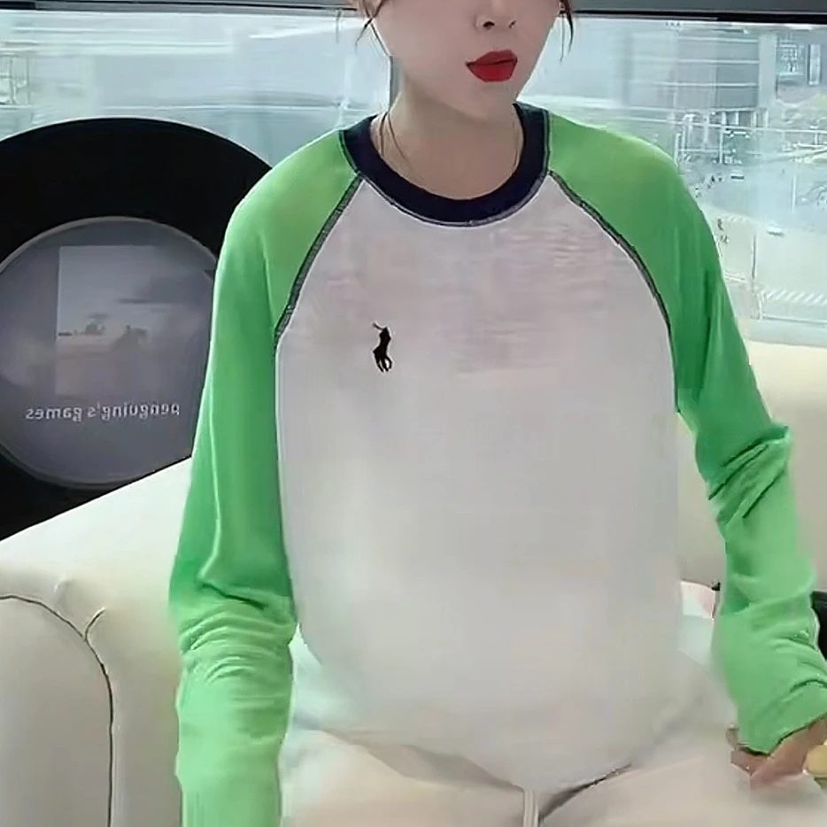 撞色刺绣防晒衫女2025春秋新款拼接圆领宽松上衣休闲百搭长袖T恤