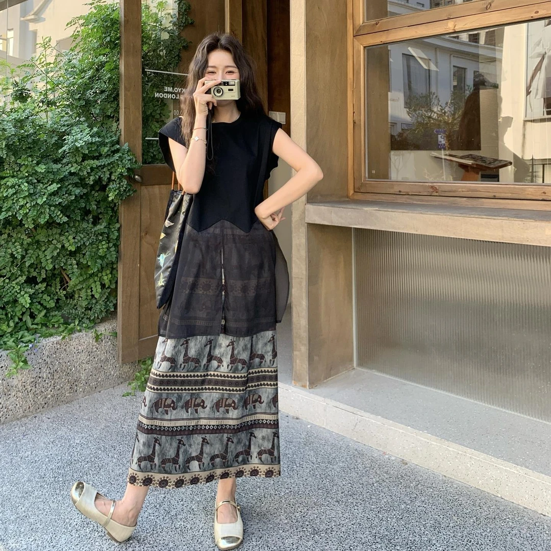 气质轻熟网纱拼接无袖上衣民族印花半裙套装女2025夏高级感两件套