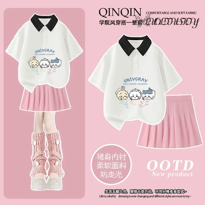 卡通吉伊卡哇洋气印花夏季女童新款Polo衫短裙套装中大童宽松上衣