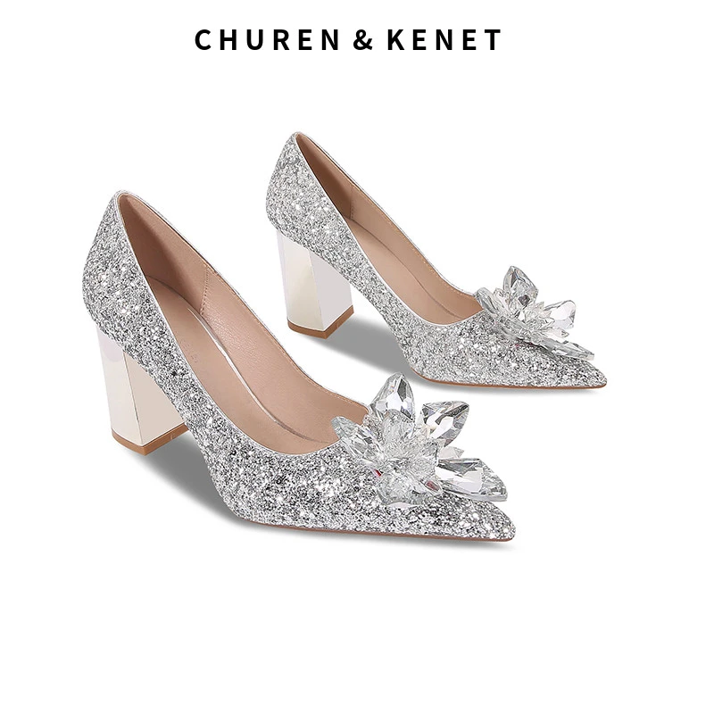 CHUREN&KENET小CK粗跟新娘高跟婚鞋明星同款灰姑娘水晶鞋2025单鞋