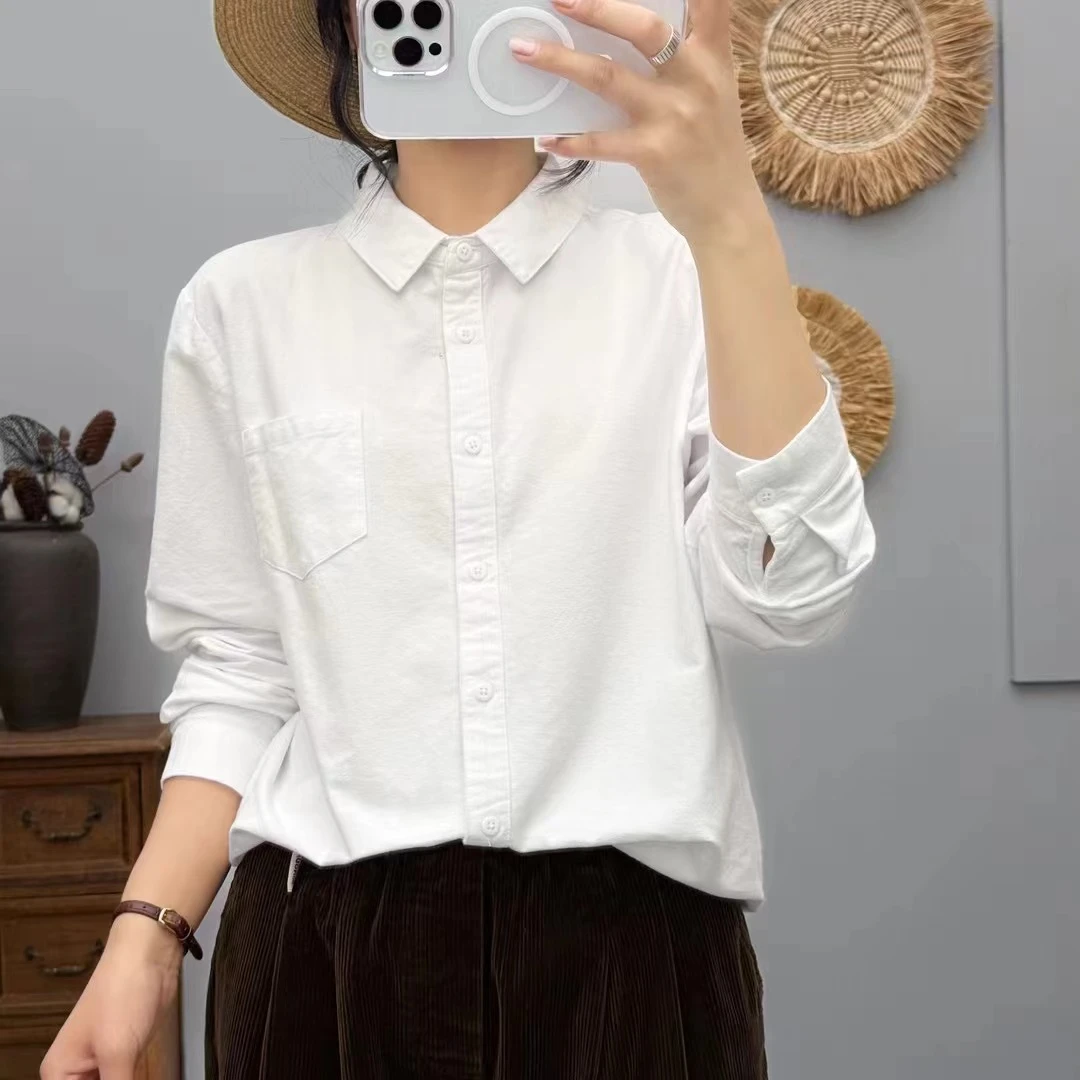 「尖领」100%棉春季磨毛衬衫女内搭叠穿宽松百搭上衣衬衫