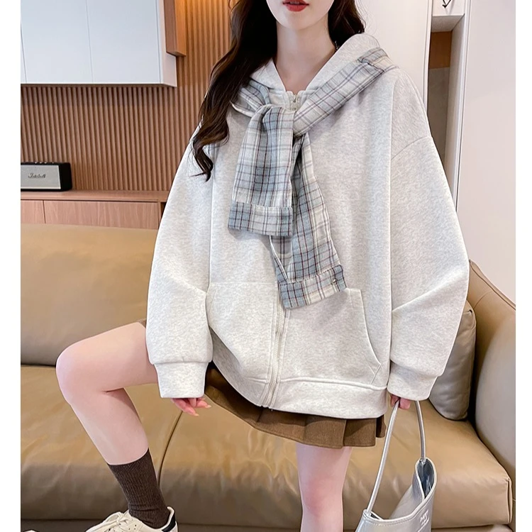 美式复古格子拼接连帽卫衣女秋冬2025新款慵懒松弛感oversize外套