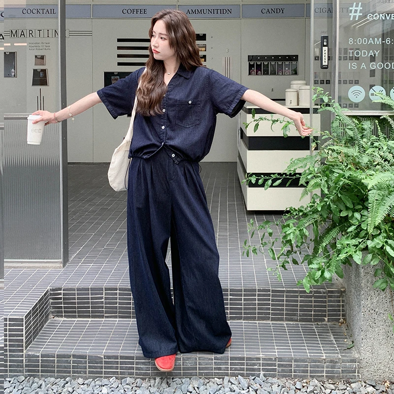 蓝色牛仔上衣阔腿裤两件套女2025年夏季新款时尚独特绝美高腰套装