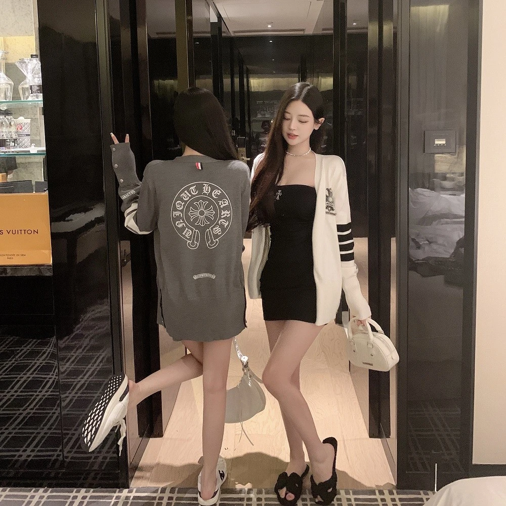 长袖领印花针织开衫女秋冬新款中长款毛衣外套