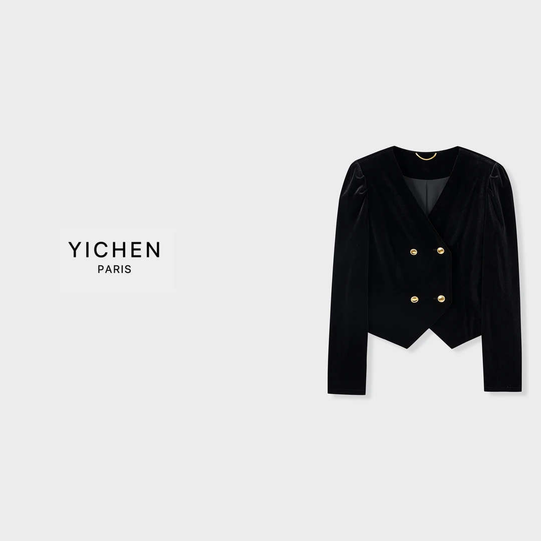 YC 黑金V领金属扣丝绒西装短外套-1767