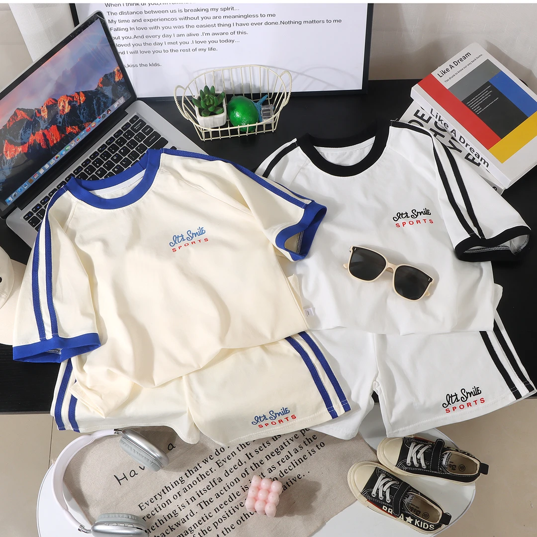 【耀选专属】儿童夏款韩版纯棉水印潮流爬条撞色套装