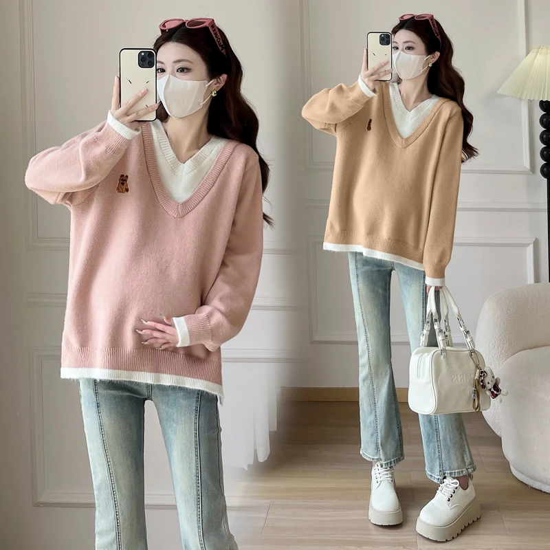 2025新款宽松款孕妇假两件V领毛衣冬季打底内搭显瘦套头针织上衣