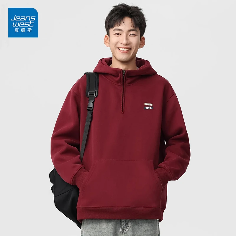 Jeanswest/真维斯男士连帽半拉链卫衣春秋美式潮牌宽松休闲上衣男