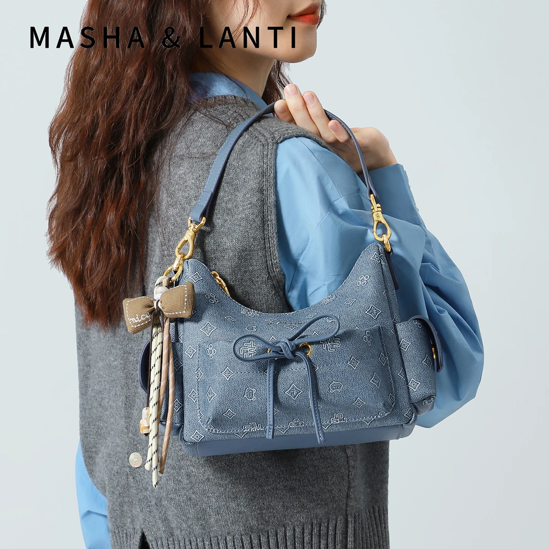 马莎兰缇丹宁牛仔蝴蝶包包女2025新款手提斜挎HOBO包腋下小方包