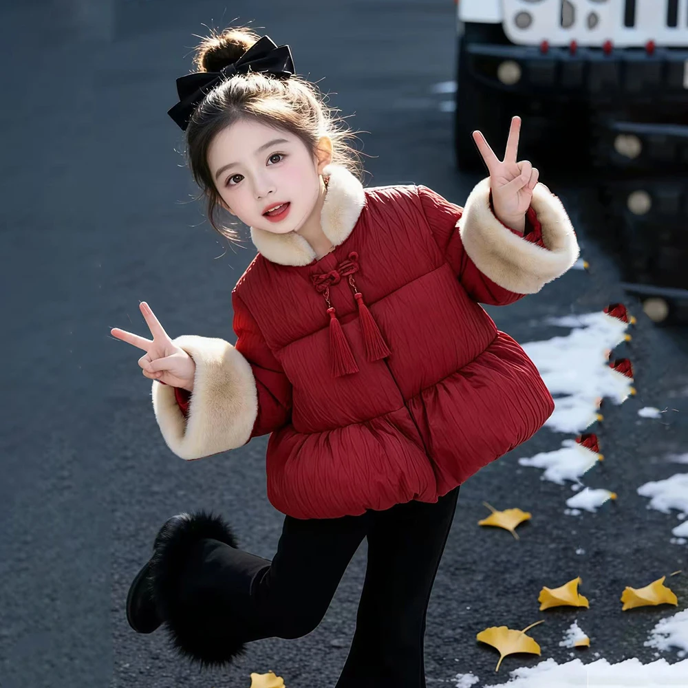 女童加厚棉衣中国风棉袄儿童红色短棉服保暖女宝拜年服冬款洋气