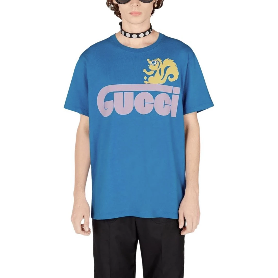 99新 GUCCI/古驰 5297/GUCCI 蓝色字母Logo印花圆领套头短袖S码