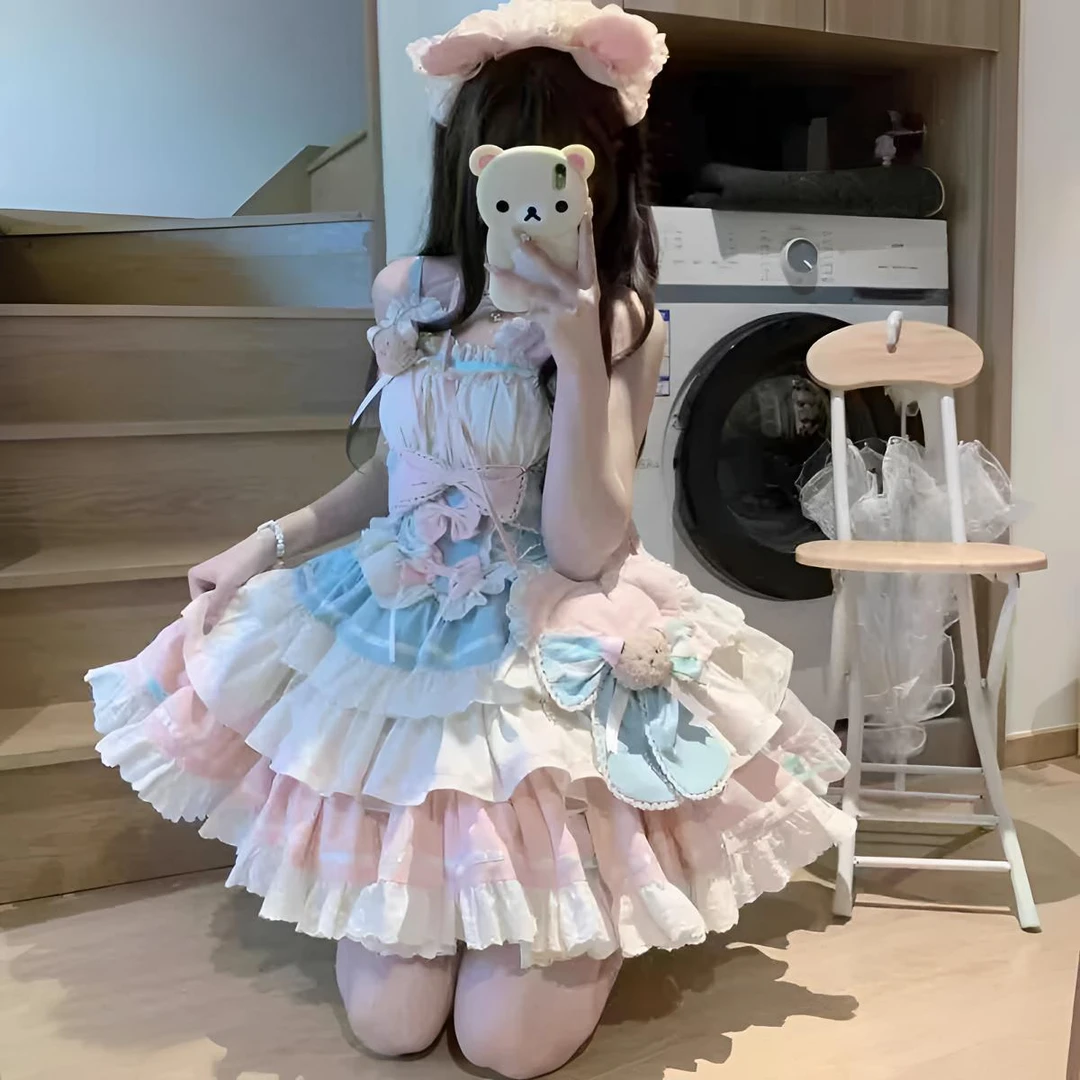 新款吊带短裙超仙lolita蓬蓬裙不规则下摆蕾丝连衣裙