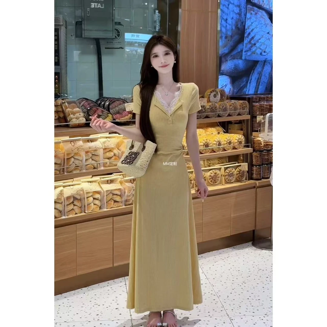 【夏日调色盘】独有气质法式拼接蕾丝收腰V领连衣长裙A384