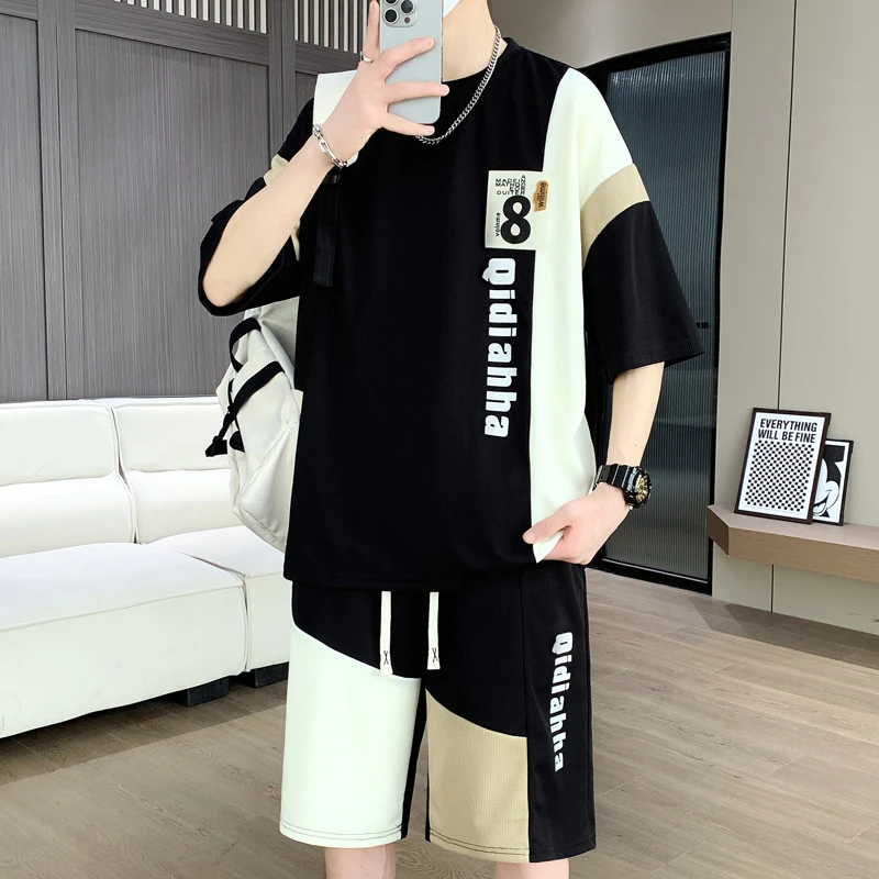 【大码冰丝短袖套装100-280斤】夏季青年休闲运动T恤港风撞色宽松
