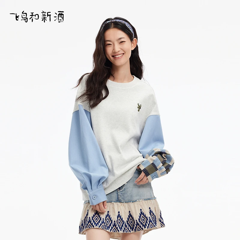 绣花圆领灰色卫衣女秋季假两件式长袖外套FD450101026