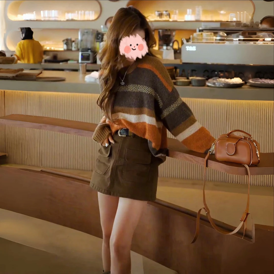 小个子大漂亮 百搭显瘦休闲撞色圆领毛衣+百显瘦气质A字工装裙裤