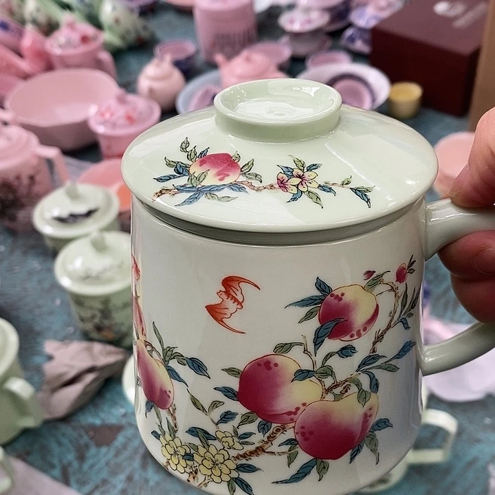 摆件陶绿稀土寿桃办公杯 带茶漏