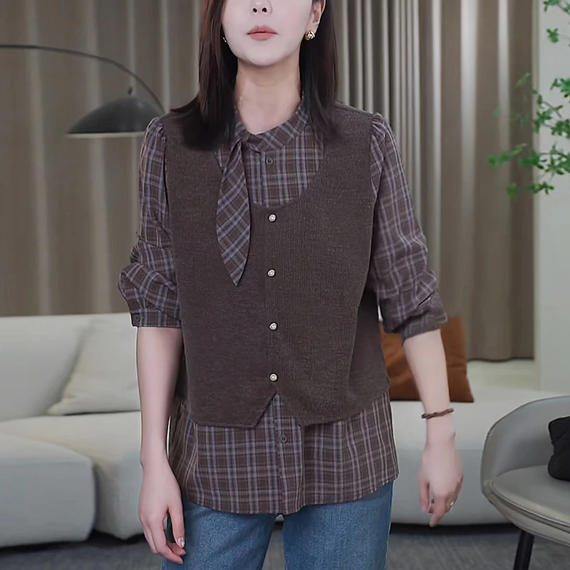 2025秋季新款女假两件格子衬衫宽松显瘦复古洋气减龄设计感上衣