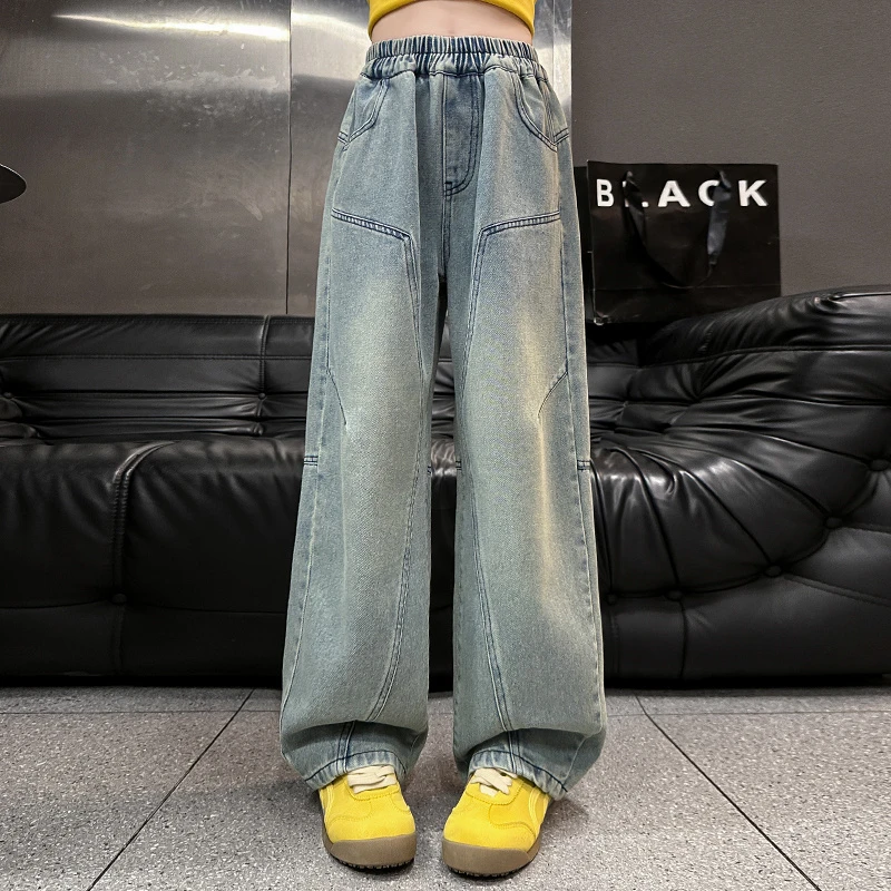 俏咪咕女童牛仔裤2025春新款中大童直筒阔腿裤儿童休闲裤弯刀裤子
