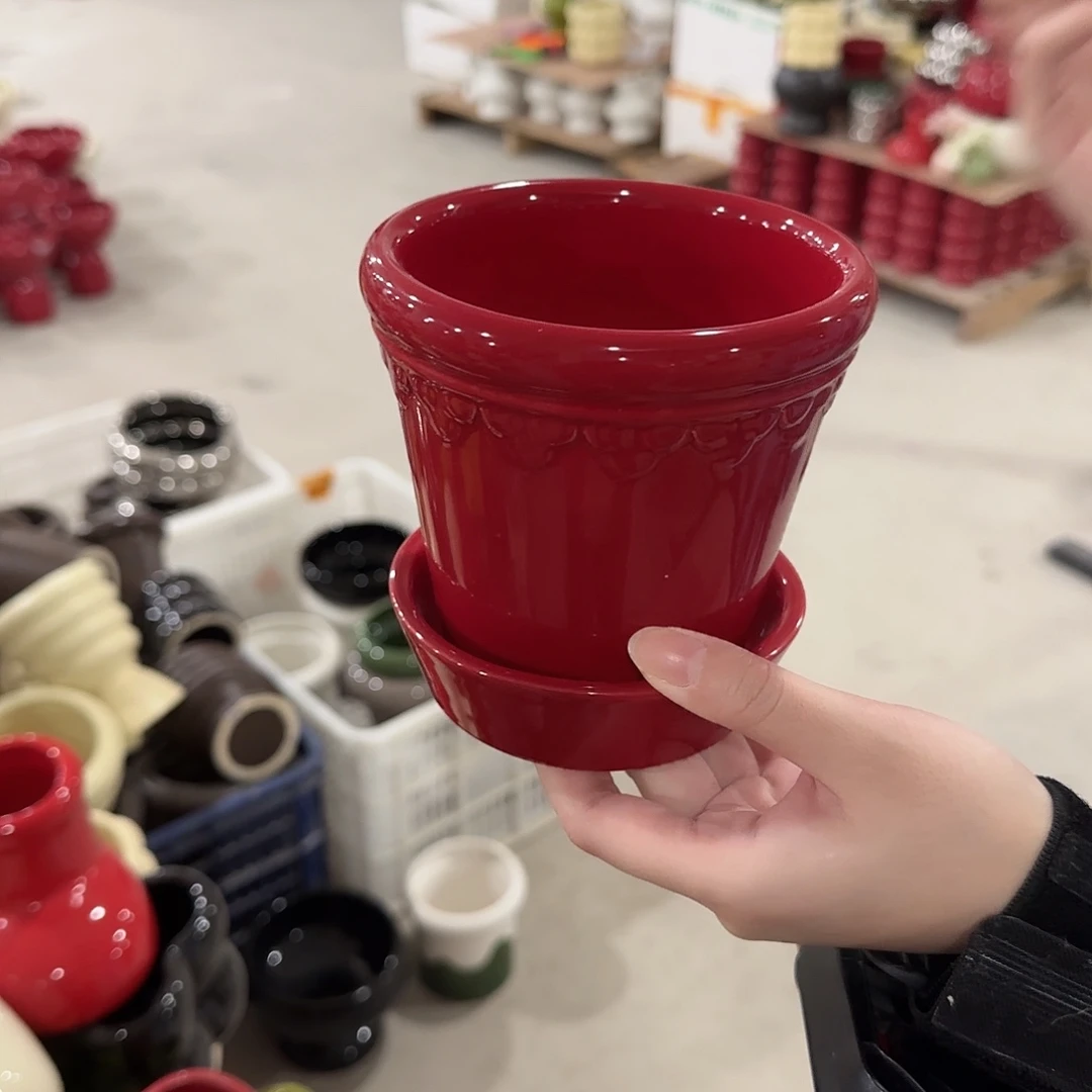 b4红色带托花盆花盆花盆