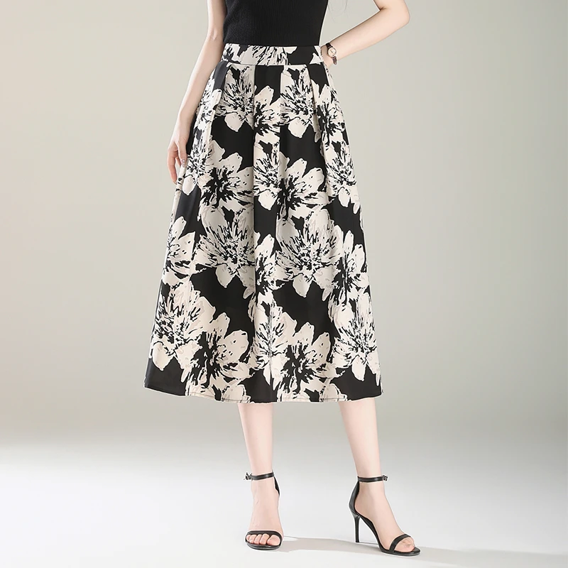 印花半身裙女夏季2025新款高腰垂感中长款显瘦A字大摆遮胯百褶裙