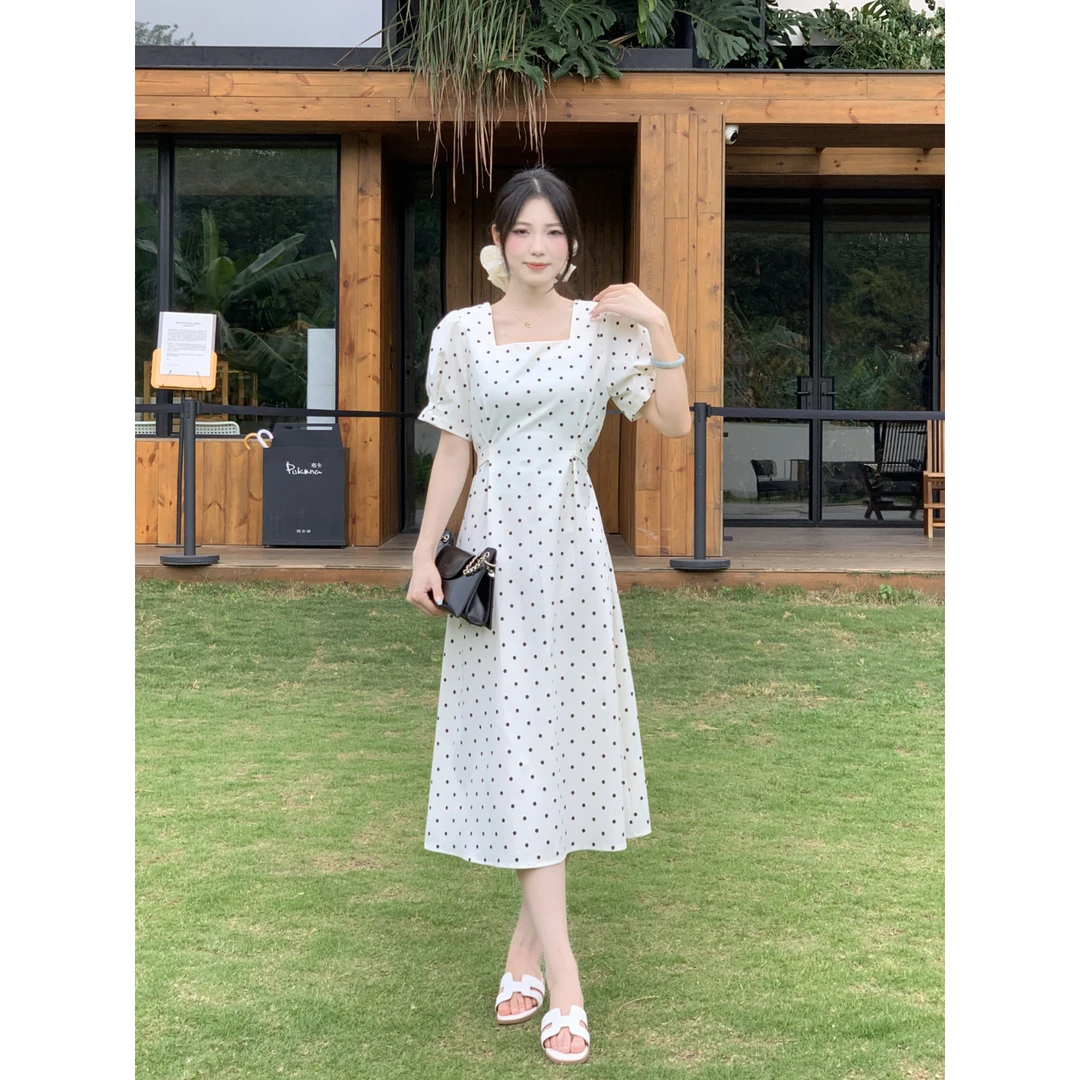 波点连衣裙女装法式复古甜美中长款2025夏季收腰显瘦长裙