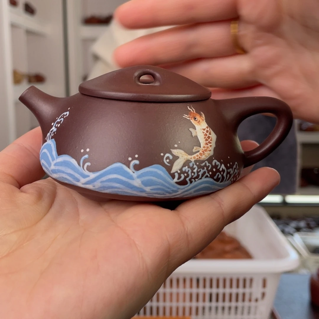 紫砂茶壶深井紫泥彩绘石瓢鱼160cc