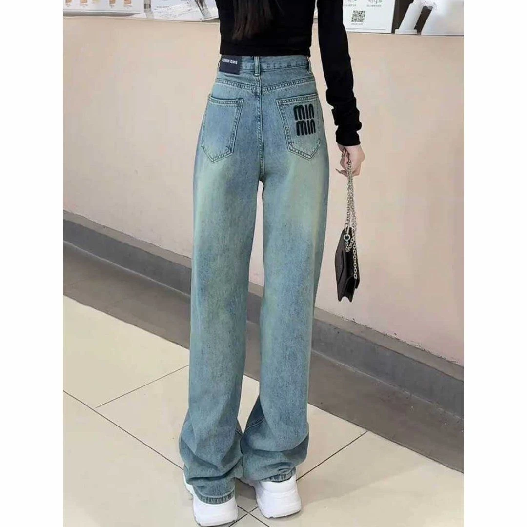 美式夏季新款高腰显瘦宽松浅色直筒裤刺绣字母窄版阔腿牛仔裤女