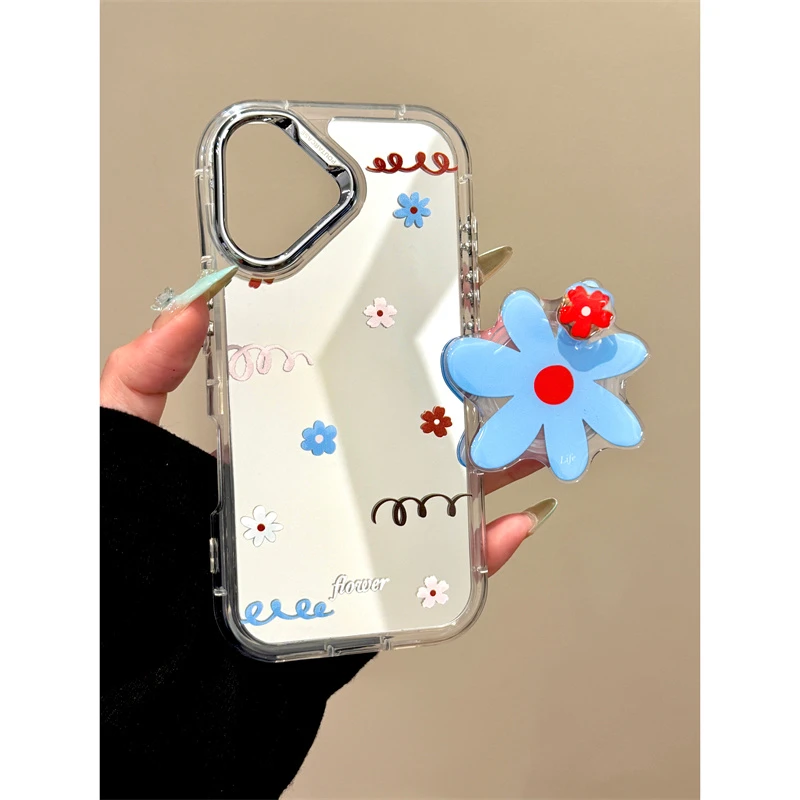 适用苹果iphone16promax镜面花朵15pro简约14支架13韩系ins手机壳