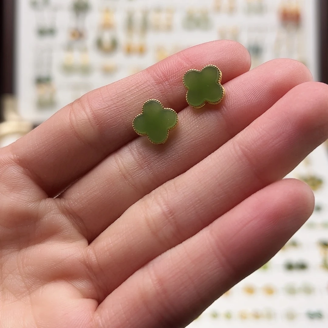 银S925镀金镶嵌和田玉耳饰