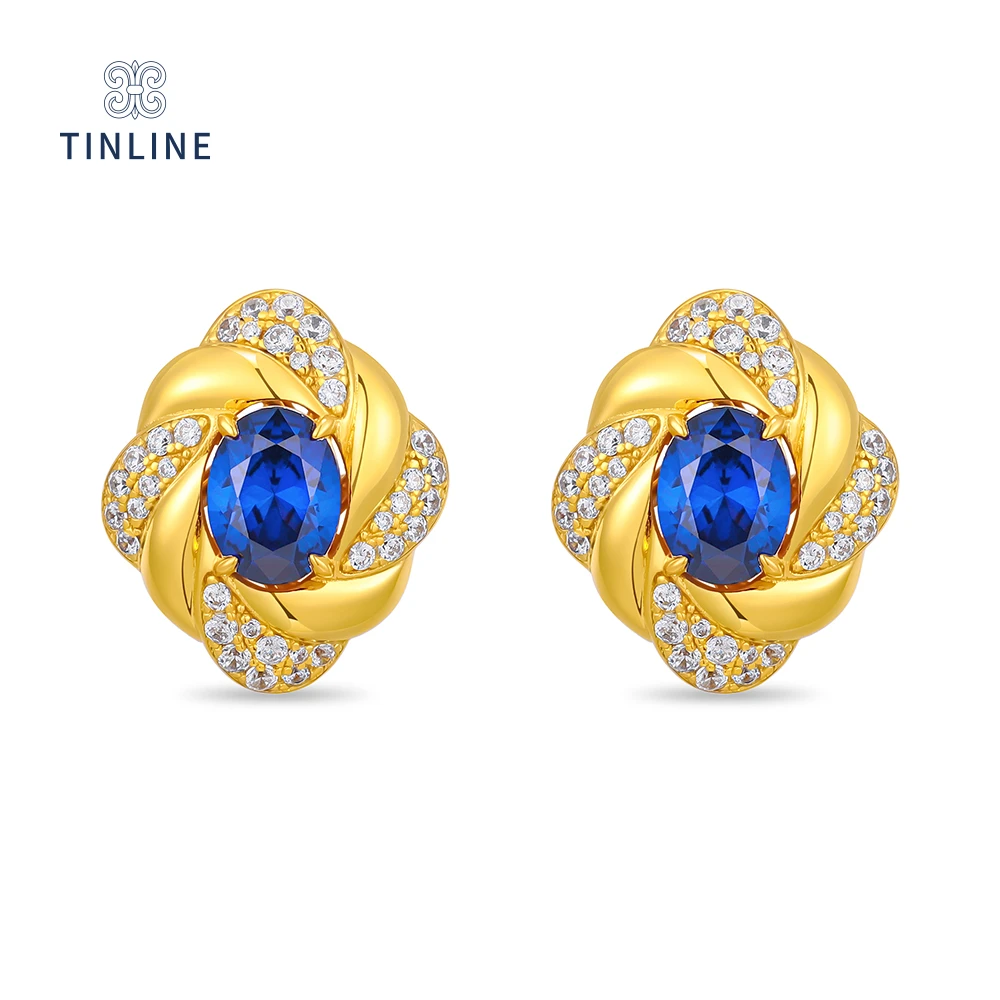 TINLINE 培育蓝宝石「星澜」耳钉 简约时尚大气 高级设计 拜占庭风
