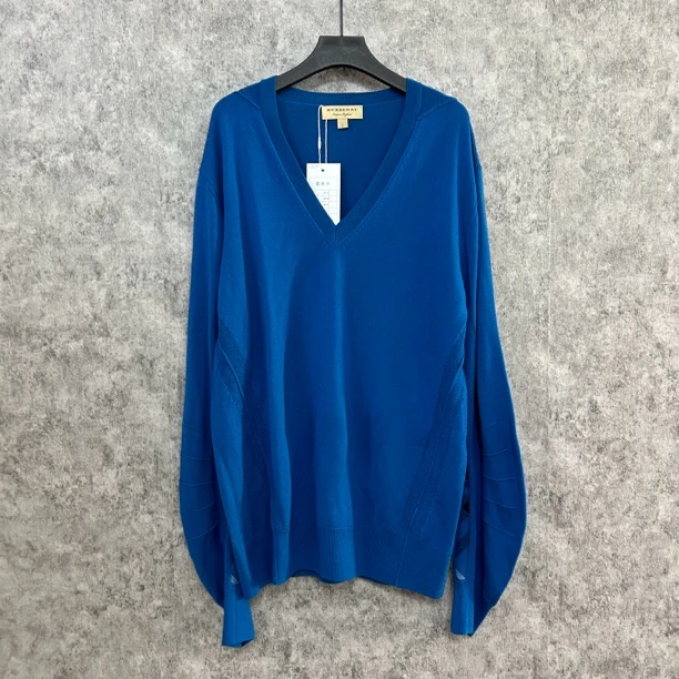 95新 BURBERRY/博柏利 蓝色V领羊绒毛衣