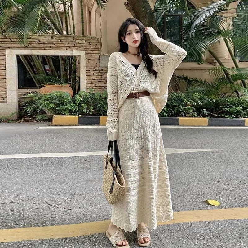 高端大气上+送腰带-时尚套装秋蕾丝镂空针织开衫高腰半身裙两件套