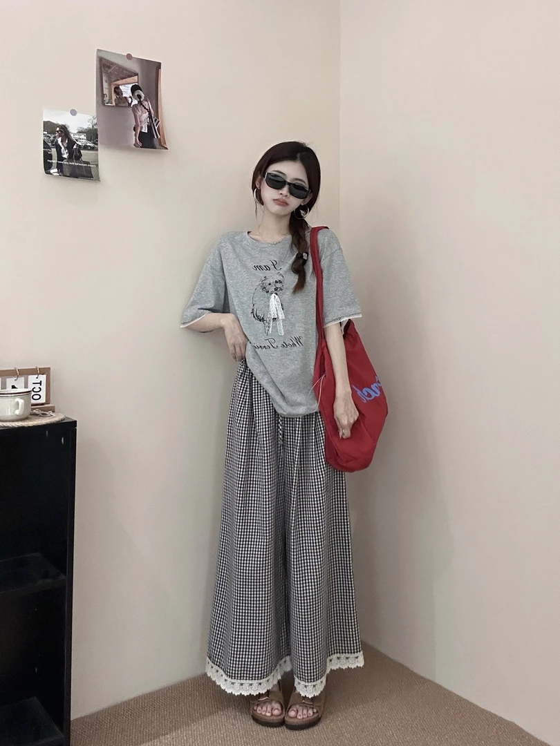 韩系蝴蝶结小狗短袖+花边格子休闲裤44088  （松紧腰）