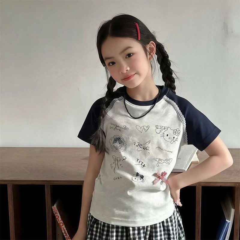新款女孩柔软夏季中大女童趣卡通涂鸦印花撞色插肩袖t恤