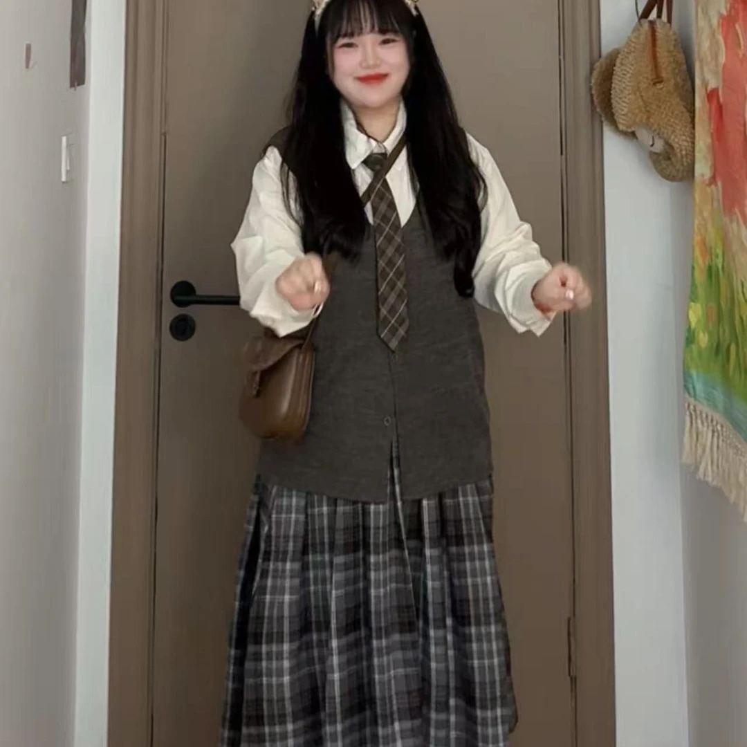 早秋女装小个子学院风套装针织马甲背心衬衫百褶裙美式复古三件套