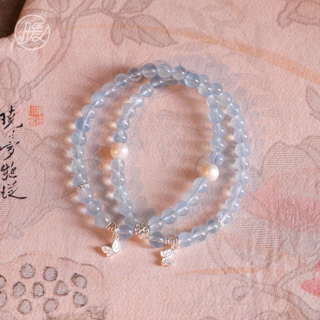 单圈海蓝宝手串5mm搭配蝴蝶吊坠手链B1203多样性发一