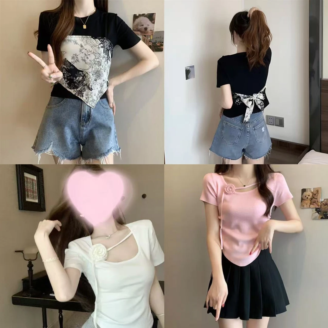 【七七小个子】夏季新款法式百搭T恤上衣不规则设计短款集体链接