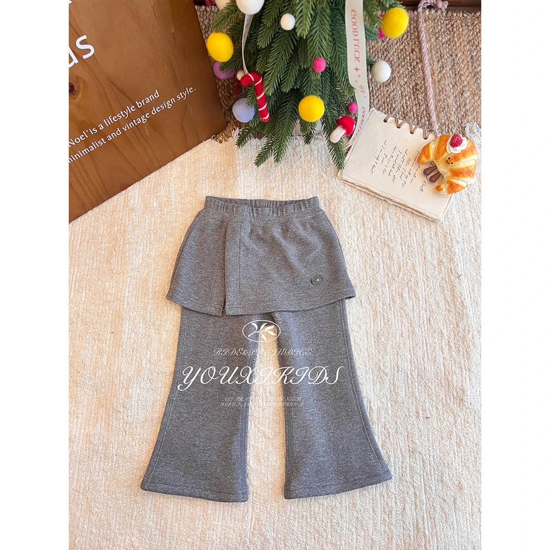 现飞飞家巴黎灰25秋冬款新女童保暖洋气屁帘微喇显瘦休闲裤FF3099