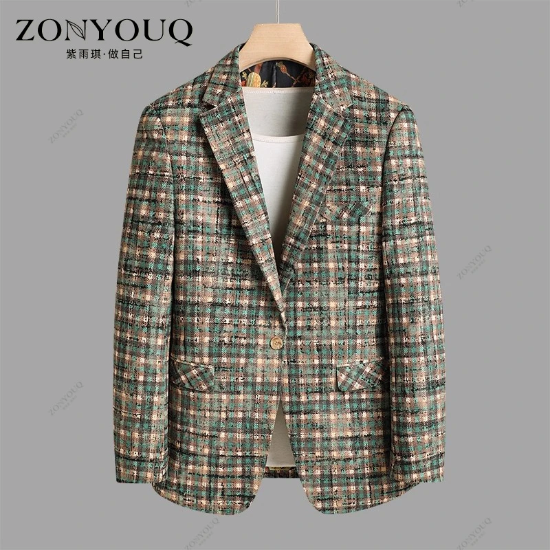 西服男士春秋潮流时尚格纹拼色修身轻奢商务休闲婚礼西装外套上衣