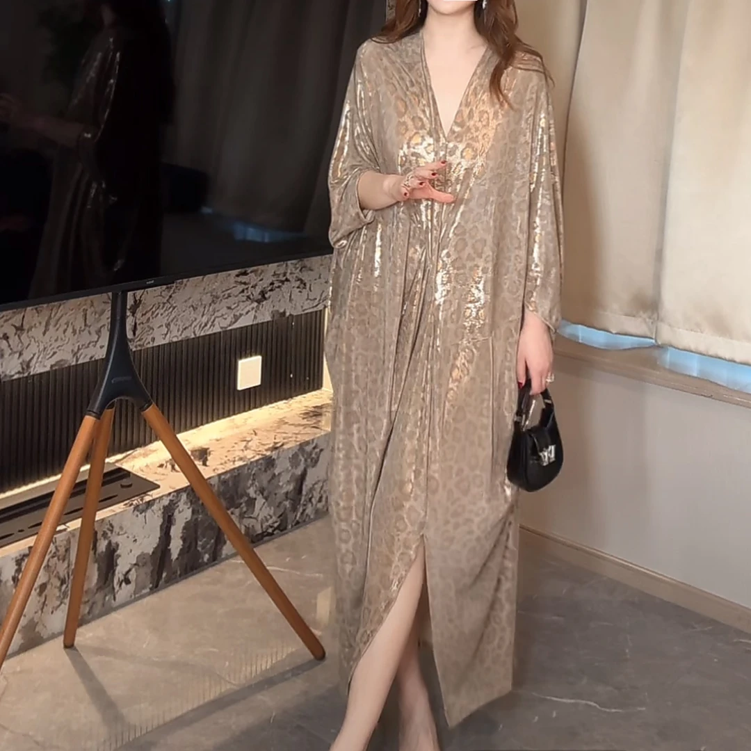 【LADY MAO专属】原创设计师款鎏金豹纹垂感显瘦遮肉蝙蝠袖连衣群