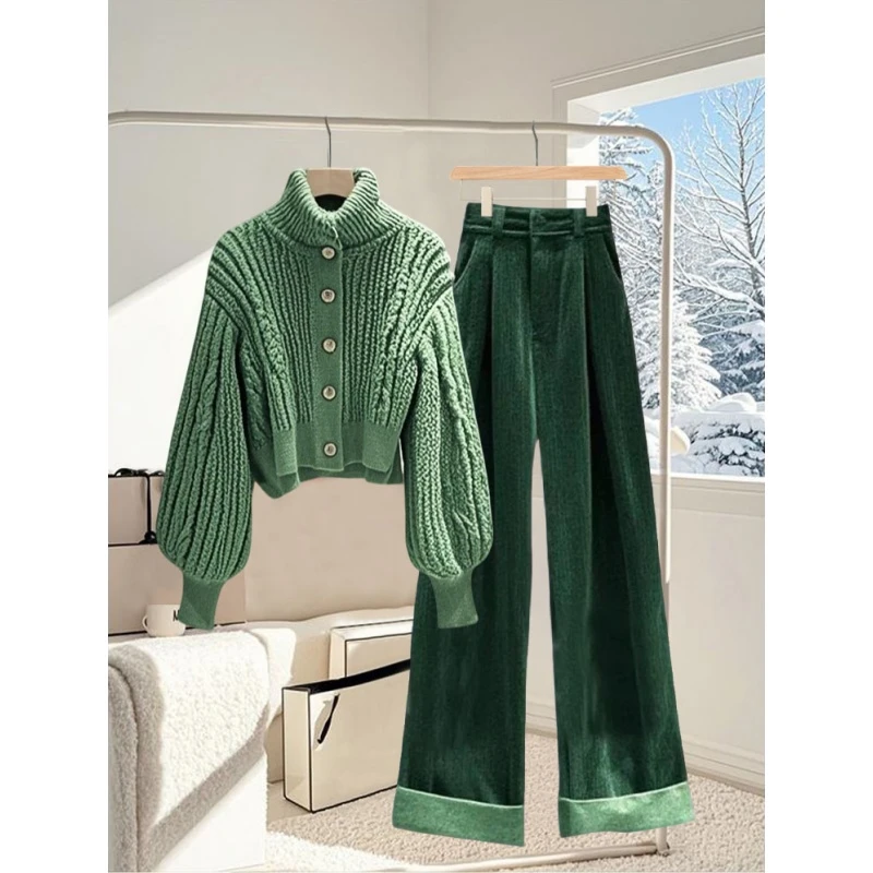 冬季穿搭一整套高级感小香风绿色高领针织毛衣超好看阔腿裤套装女