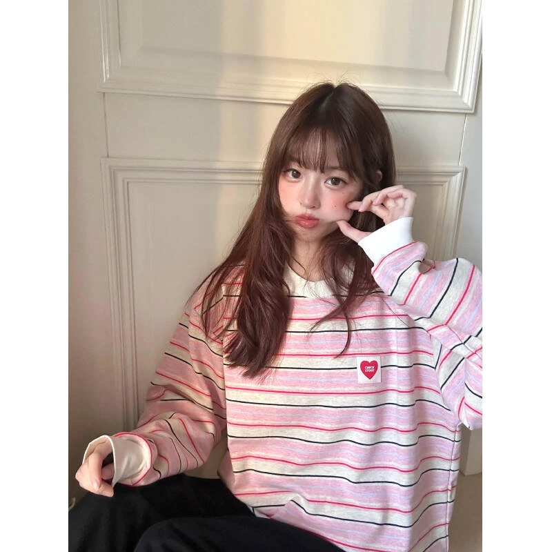 韩系甜美粉色条纹长袖T恤女2025春秋新款设计感宽松休闲百搭上衣