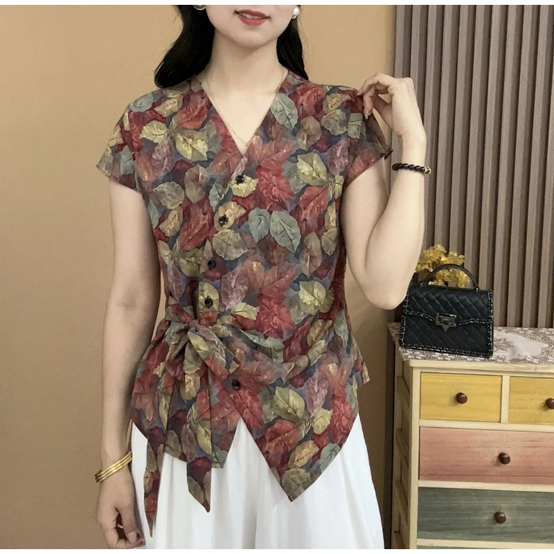 2025夏季新款树叶花休闲洋气短袖气质百搭V领显瘦开衫扣上衣25709