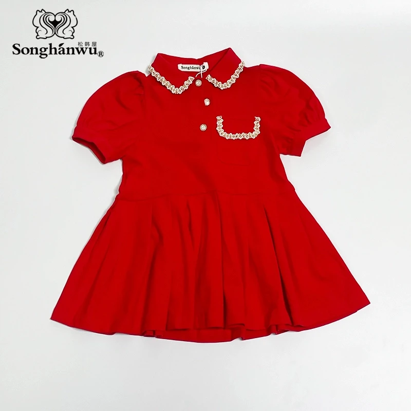 松韩屋公主风连衣裙泡泡袖红色女童宝宝A字裙夏季 50号