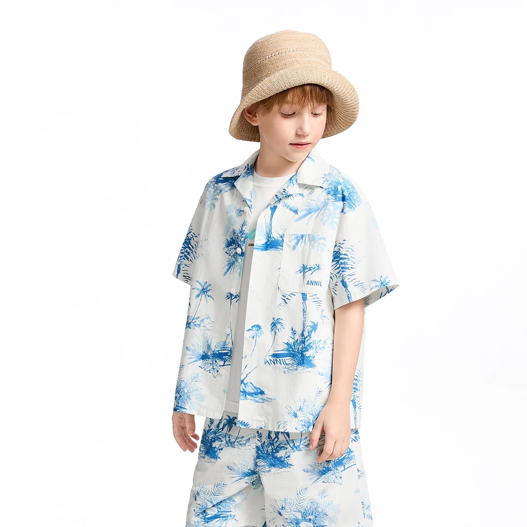 【专柜发货】AB521649男童短袖衬衣印花衬衫纯棉上衣2025新款